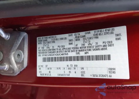 2016 Ford Escape Se z USA, uszkodzony, nr VIN 1FMCU9GX1GUC48765